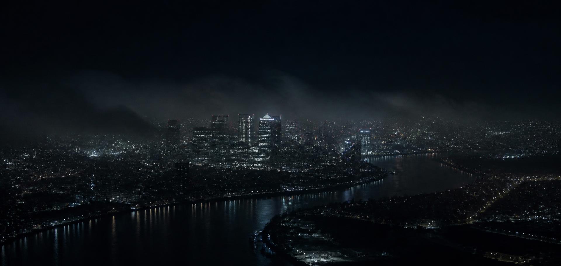 London at night, the Thames and the financial district under low cloud